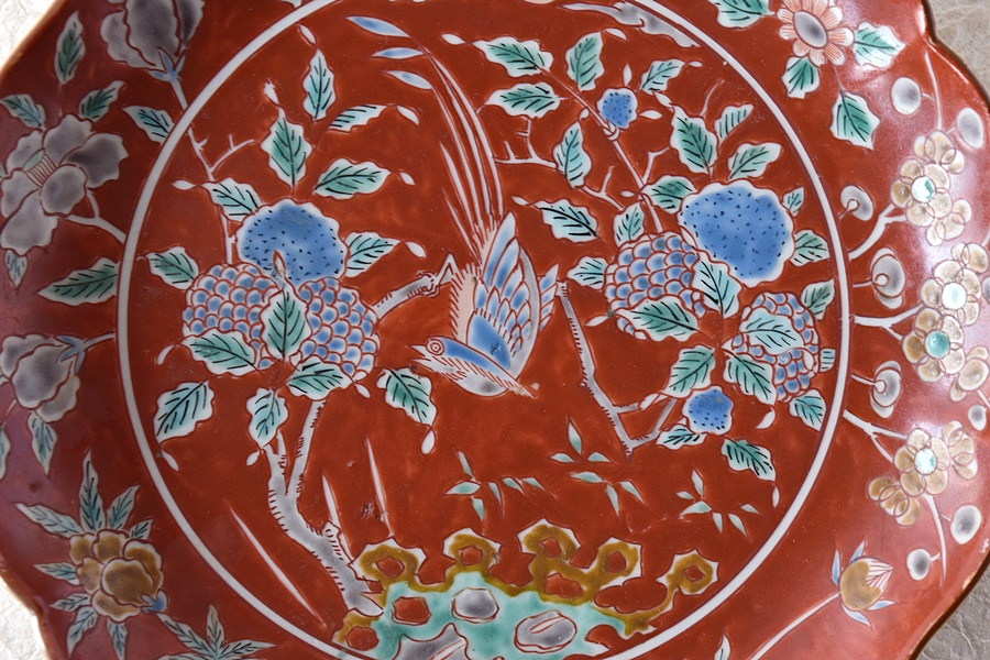 古伊万里 色絵 赤槍 唐子 皿/20.5cm 茶道具 骨董 7312 【公式通販】