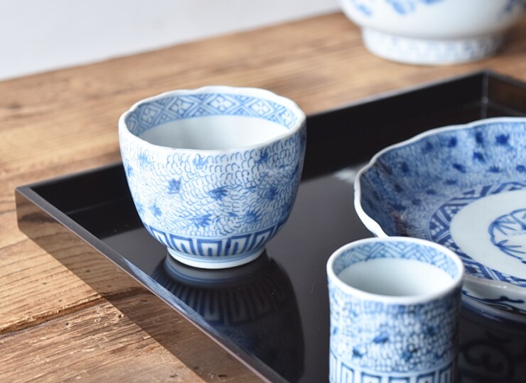 古伊万里 染付 微塵唐草 蕎麦猪口 輪花型向付 - 生活骨董と古布の