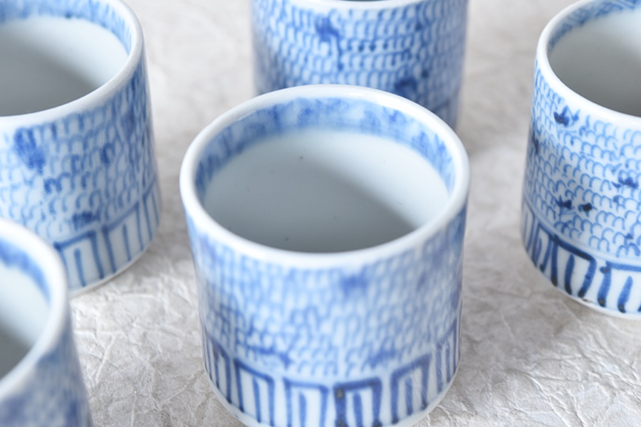 古伊万里 渦福 草花文 染付 猪口 5個 [B31396] 古伊万里 渦福 草花文