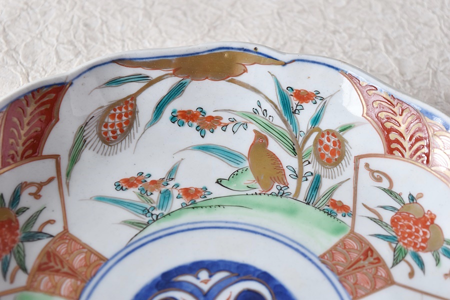 古伊万里 色絵三方柘榴鳥文様七寸皿 8枚 直径21.8㎝ 料理屋 古器を