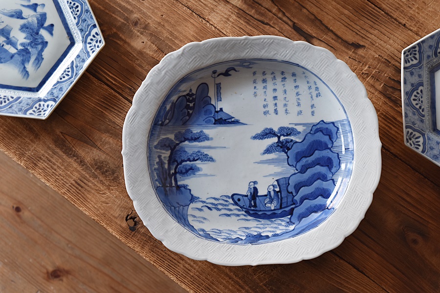 中国 染付 仙人鹿紋皿 大明成化年製銘 送料込み250105