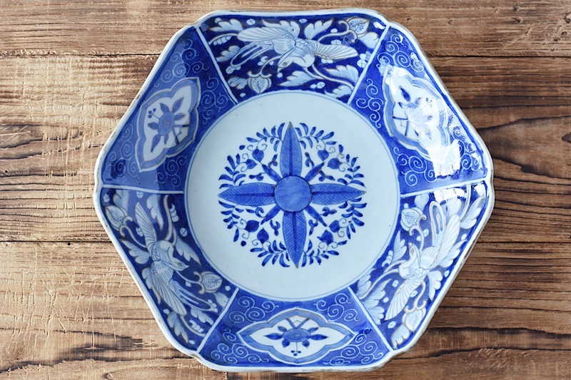 骨董 アンティーク 古伊万里 青磁染付 檜垣 花文様 十角皿 六寸皿