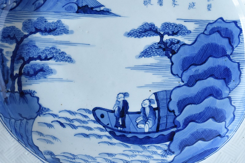 古伊万里 染付 赤壁賦 陽刻 太明成化年製文 輪花型楕円変形大皿 - 生活
