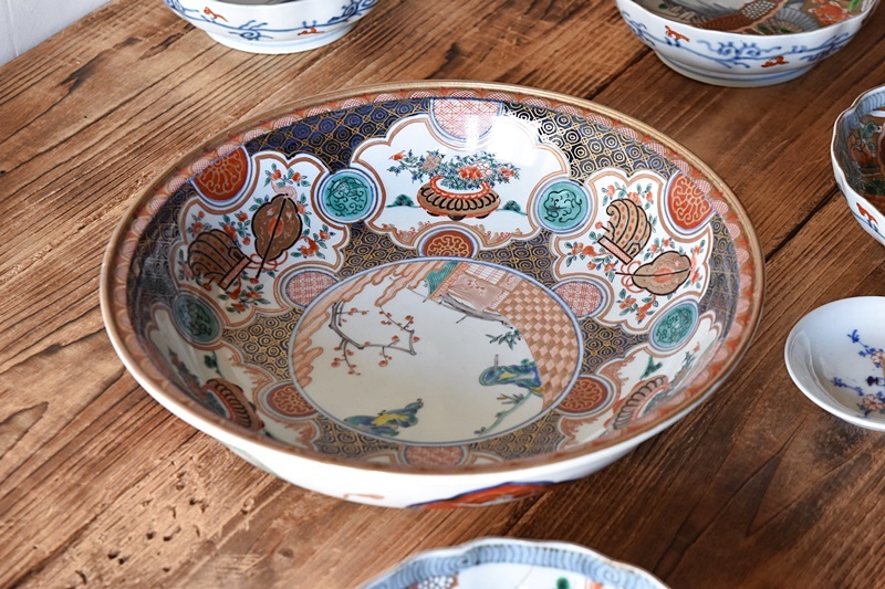 古伊万里 金襴手 花鳥紋に花籠の図 縁高4寸皿 5枚 E12