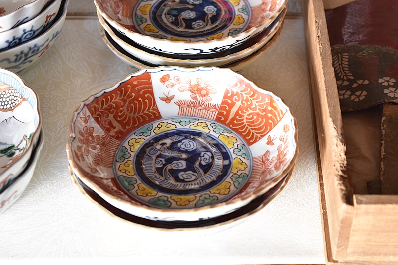 a981 蓋付碗 5客組 染付 龍の絵 爪5本 宝珠 祖母懐 古物 懐石 会席