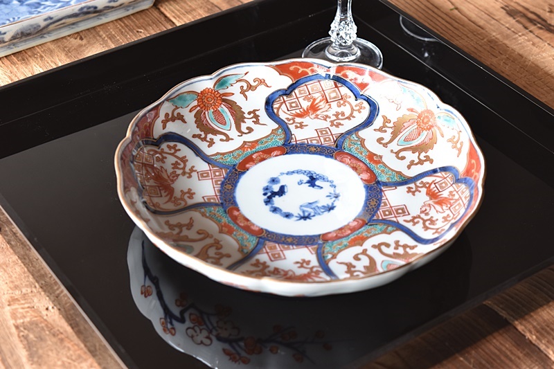 大聖寺伊万里 亀甲紋に金唐草 山水紋の図 5寸皿 5枚 E077AS-CRi