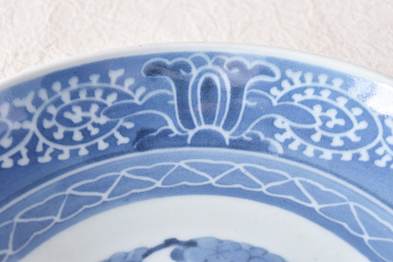 なます皿 3枚 微塵唐草 見込松竹梅 染付 蛇の目 銘 冨貴長春 窯傷