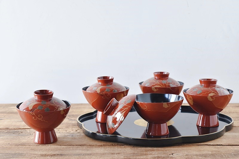 輪島塗 天然木製漆塗 唐草蒔絵 高足吸物椀 5客セット - 生活骨董