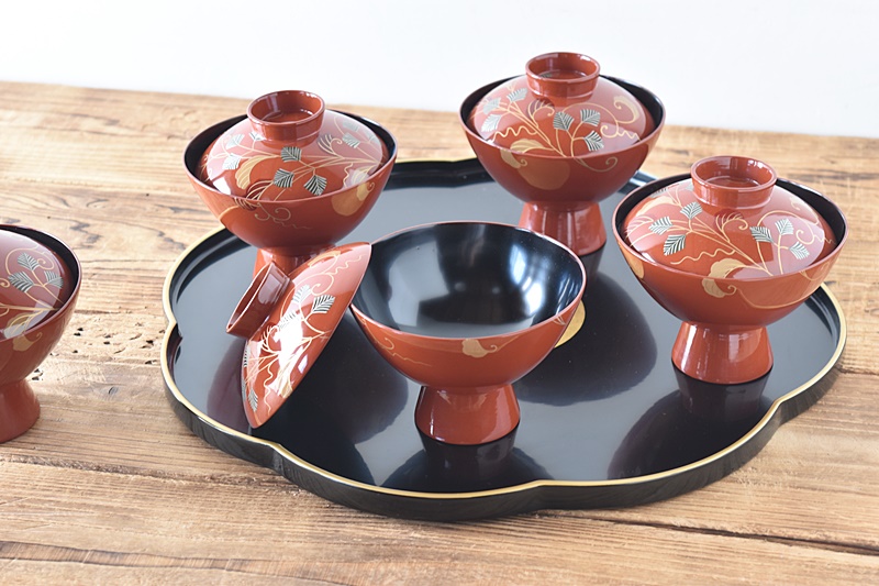 輪島塗】雲松竹梅蒔絵 吸物椀 黒塗 五客揃 布着請負 天然木 共箱 美術