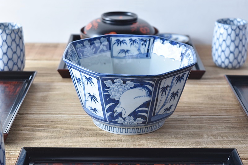 古 陶器 江戸時代 無傷 極上 鳳凰山水文染付古伊万里大鉢28cm