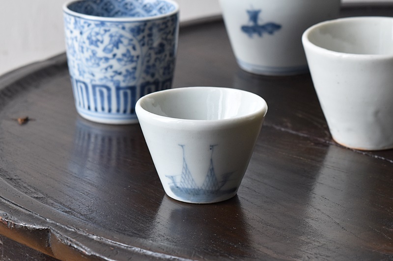 骨董 アンティーク 古伊万里 染付 馬の目 観世水 蕎麦猪口 3点 骨董