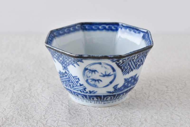 古伊万里 染付 丸文松竹梅 角福 八角鉢 - 生活骨董と古布の