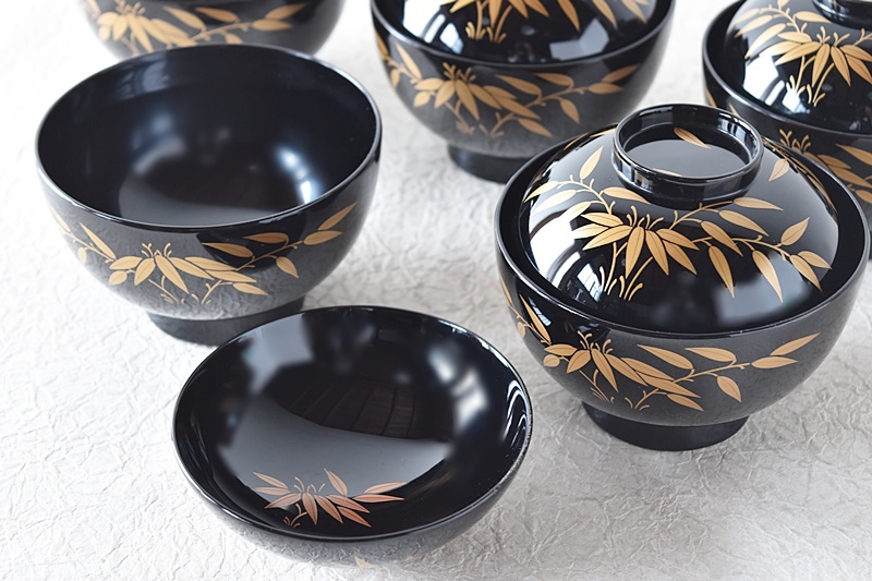 BJ031A 時代輪島塗秋乃草図金蒔絵あつもの椀吸物椀二客木製