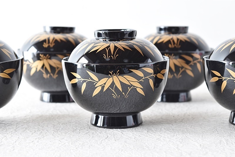 金蒔絵 風景図 木製漆器 輪島 汁椀蓋碗5客セット 吸物碗 天然