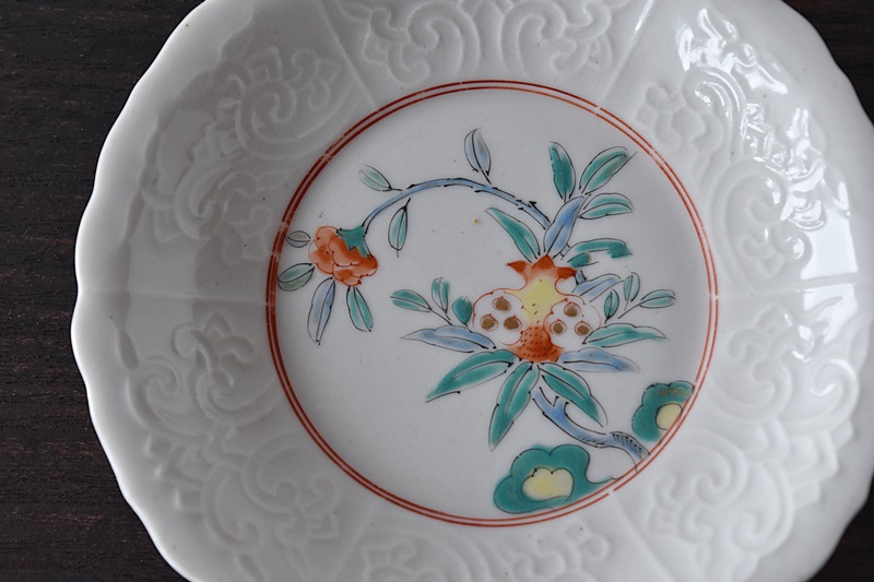 古伊万里 色絵 割絵 花の図 4寸皿 4枚 3164AS-CWu 古伊万里 色絵 割