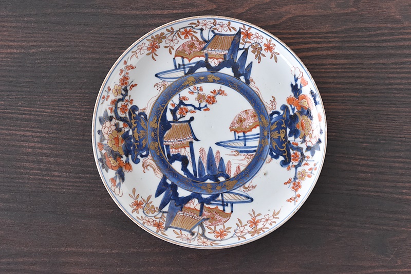 古伊万里 色絵 飛鶴に桜花紋 巻物の図 8寸皿 A571AS-fbku 古伊万里