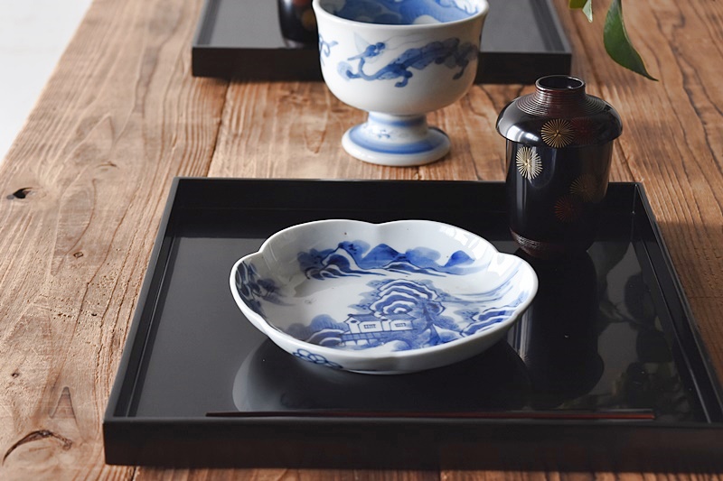 輪島塗 草花絵替卓上膳 五枚セット5枚 桐箱付 木製 蒔絵