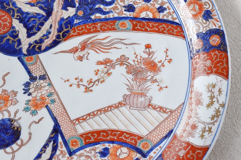 陶器 大深鉢(小) 荒波に獅子・牡丹・鳳凰 色絵 二重鉢揃い Ab-319