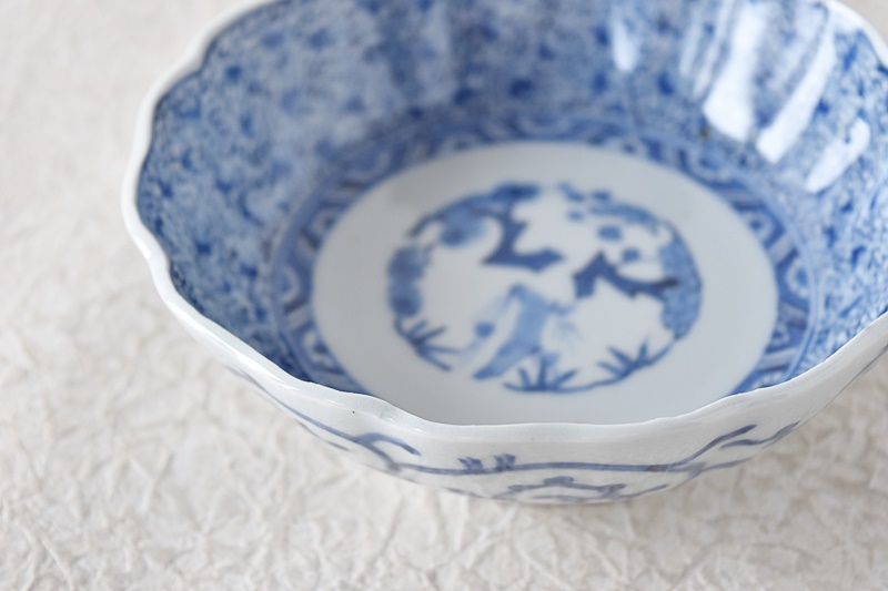 小皿 線画 明治 染付 変わり縁 銘 唐草 花 古伊万里 6枚 小皿 線画