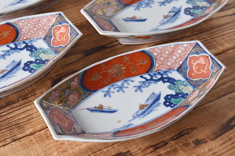 伊万里 色絵 錦手 手塩皿 5枚 [B23803] 丸文に舟漕ぎ 小皿 古玩 伊万里