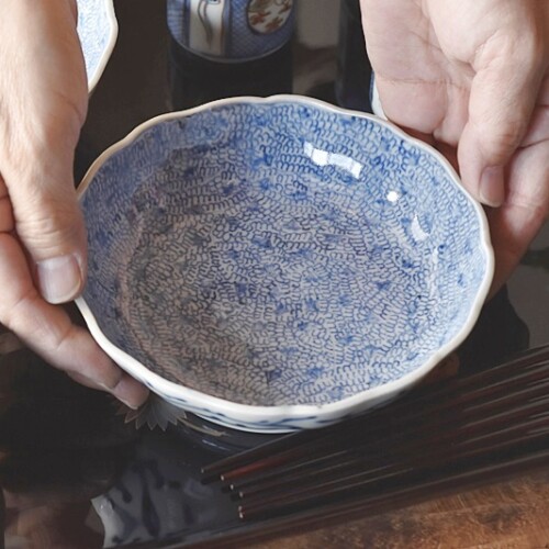 y033 古伊万里 染付 微塵唐草 七寸皿 5枚 太明成化年製 輪花縁 y033 古