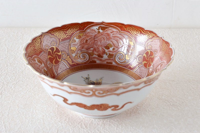 鉢 大鉢 色絵付け 赤絵 明治 大正 蛇の目 鳳凰 草文様 【公式通販】