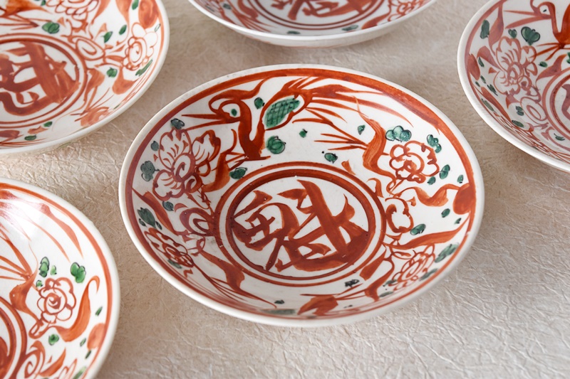 小皿 4枚 色絵付 花 銘 田代 赤絵 人物 歪み 江戸 明治 小皿 4枚 色