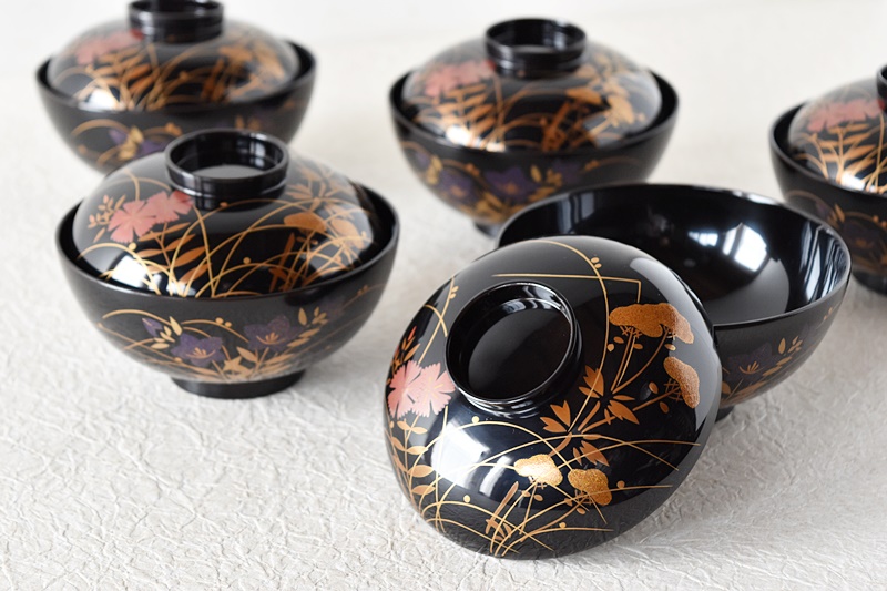 天然木製漆塗 輪島塗 秋草蒔絵 吸物椀 5客セット - 生活骨董と古布の