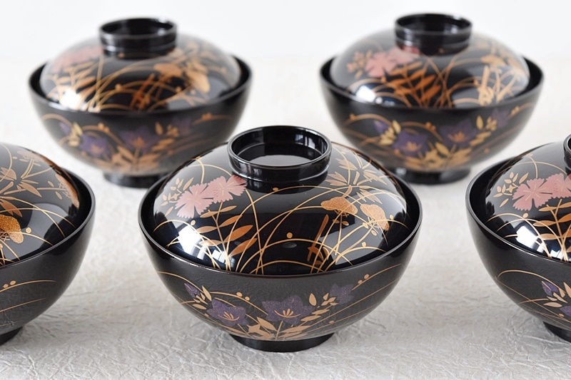 輪島塗 秋草蒔絵 煮物椀 5客 桐箱入 五客揃 蒔絵 漆器 1/