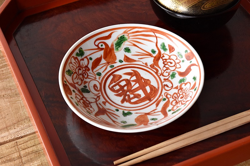 九谷 呉須赤絵花鳥魁字 角福文 5.5寸皿 5枚セット - 生活骨董と古布の