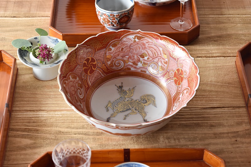 九谷赤絵 隅切 花図猪口5客 骨董 R1476wダC 九谷赤絵 隅