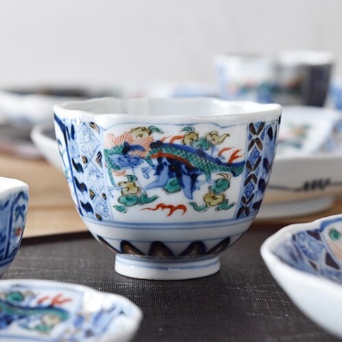 ◇栄◇古伊万里 染付 楼閣山水文 蕎麦猪口 5客 無傷完