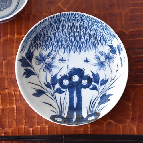 なます皿 2枚 微塵唐草 見込松竹梅 染付 蛇の目 銘 冨貴長春 窯傷 な