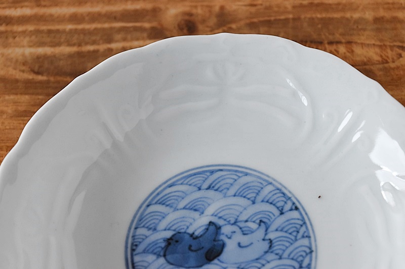 骨董 古伊万里 瀬戸 白磁 染付 波フチ 希少 陽刻 めで鯛 手塩皿 豆皿