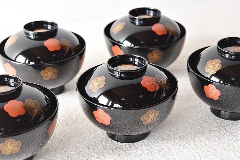 輪島塗 梅鶯蒔絵 吸物椀 五客揃 共箱 懐石道具 輪島塗 梅鶯蒔絵 吸物椀