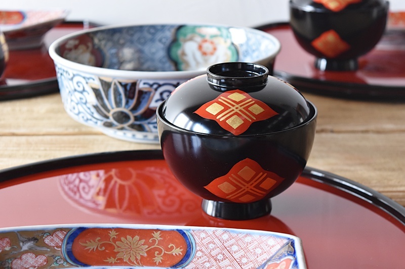 ⭐️ 川連漆器 天然木漆器 沈金 唐草牡丹彫蒔絵 蓋付き椀揃5