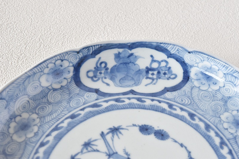 骨董 アンティーク 古伊万里 染付 波濤桜捻文様 六寸皿 丸皿 輪