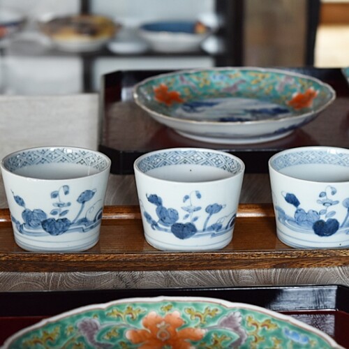 ちどり◇波千鳥 / 4個◇古伊万里 染付け 蕎麦猪口 向付 湯呑み そば