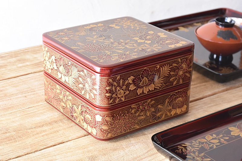 専用】輪島塗 2段重箱 布着本堅地 菊彫り詰め沈金 木製 輪島塗】極上総