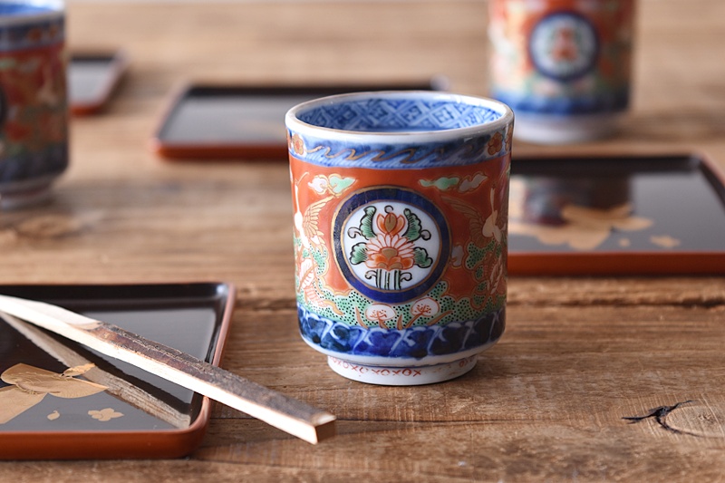 古伊万里 色絵 赤絵 立鶴花丸文 冨貴長春 のぞき猪口 - 生活骨董と古布