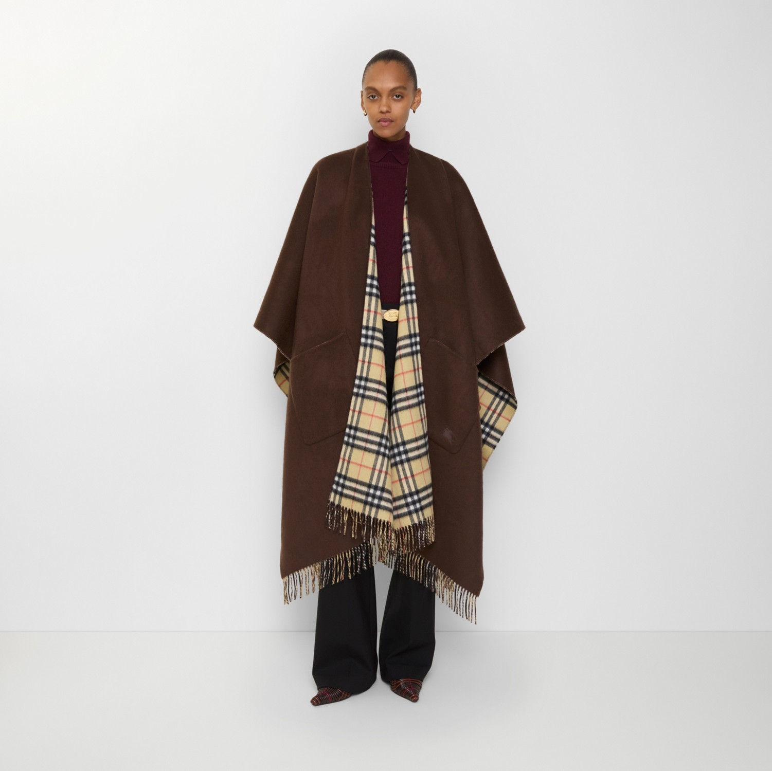 リバーシブル チェック ウールカシミアケープ (トリークルブラウン