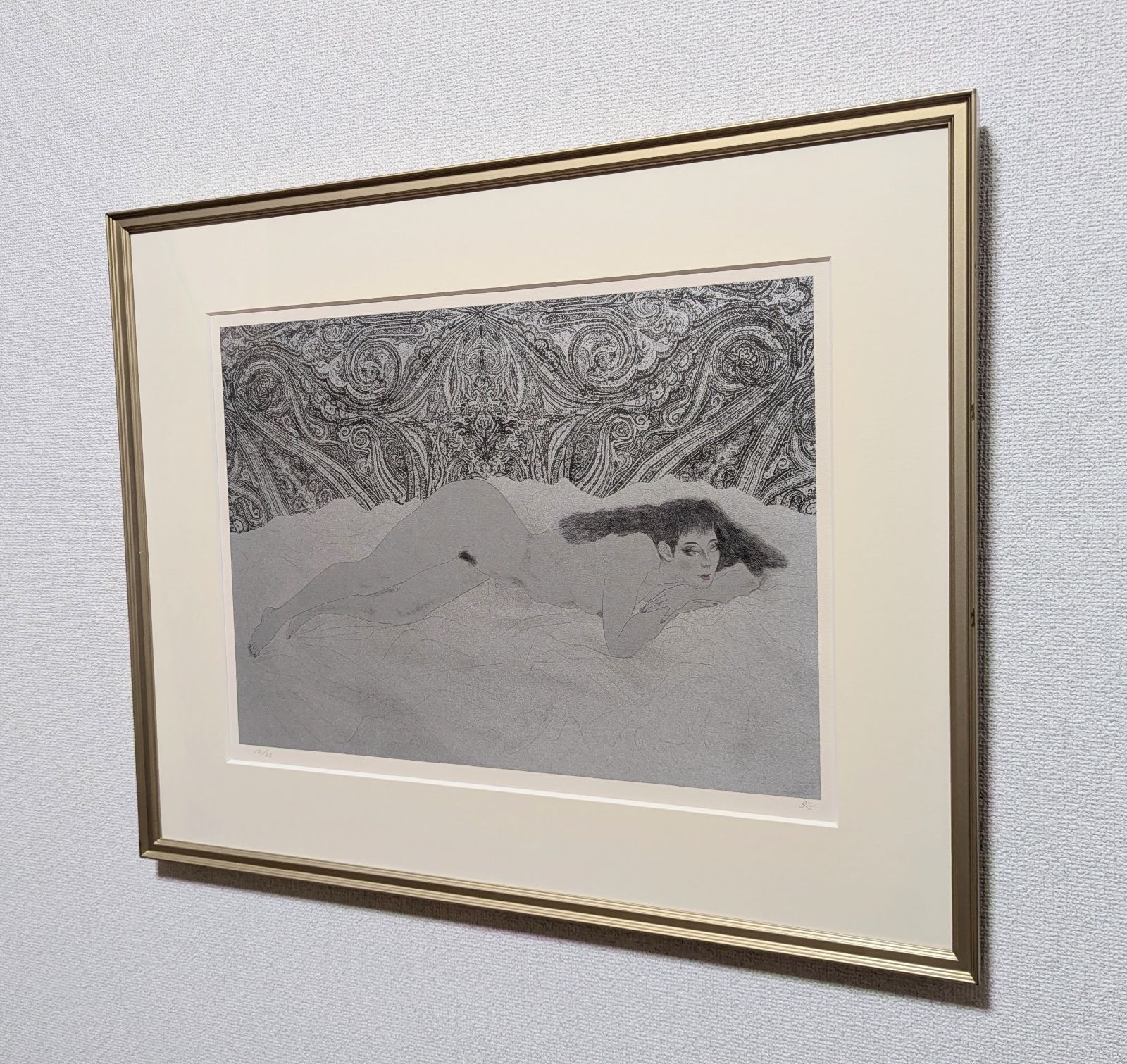 真作】【直筆サイン】加山又造「裸婦 95-B 黒」【リトグラフ】【額付