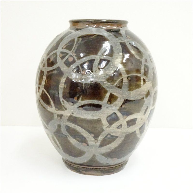 ファッション 益子焼 木村充造 柿釉抜渦文壷（共箱） 壺 おしゃれ つぼ