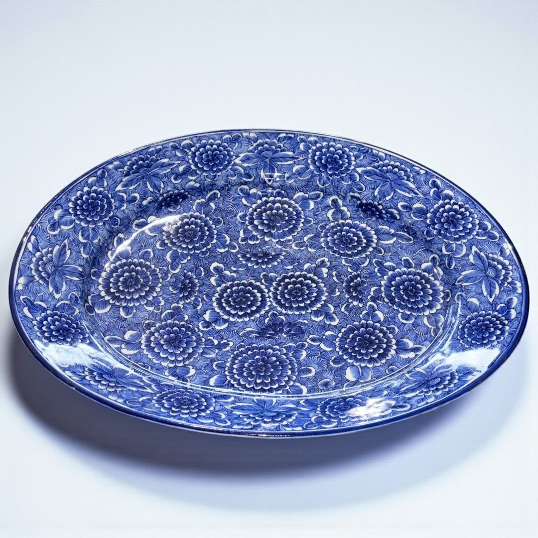 トップ 明治時代の傑作品 染付 ベロ藍 線描き 直径45.5cm 大皿