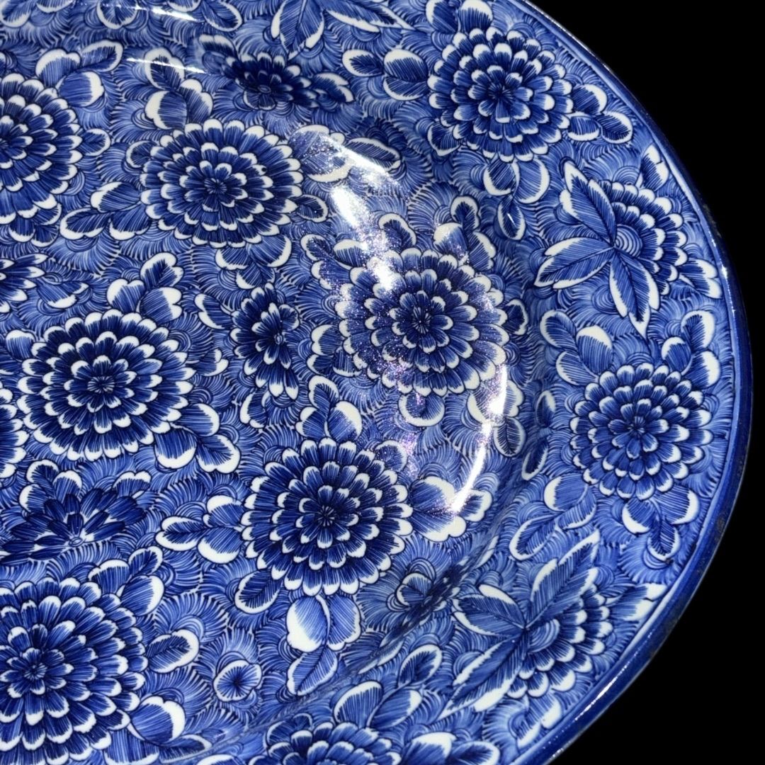 トップ 明治時代の傑作品 染付 ベロ藍 線描き 直径45.5cm 大皿