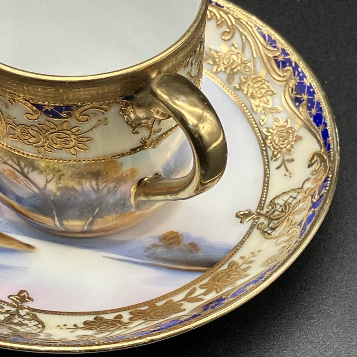 オールドノリタケ カップ＆ソーサー 金彩金盛上湖畔風景白鳥図 有名