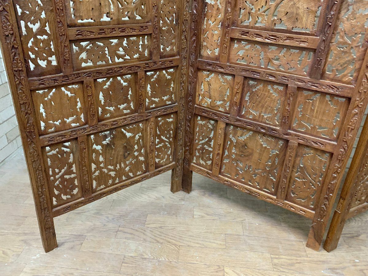アジアン家具 4連パーテーション 透かし彫り 衝立 間仕切り 彫刻 木製