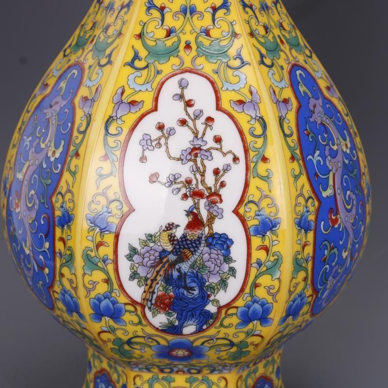 清雍正琺瑯彩花鳥如意花瓶 景徳鎮 陶磁器 装飾品 現代工芸品 美術品