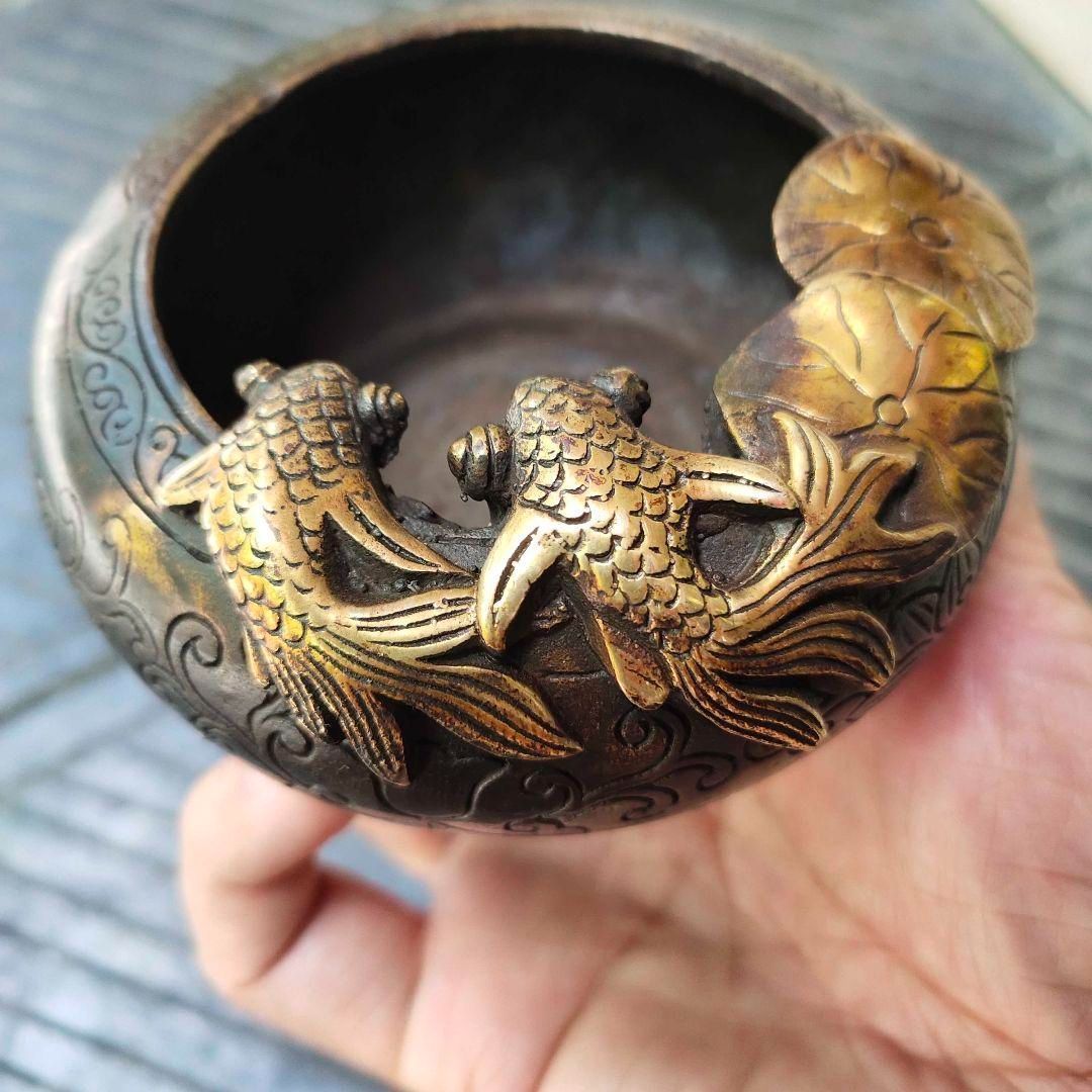 銅製 竜戯珠の灰皿 書道具 文房具 装飾品 工芸品 美術品 銅製 竜戯珠の