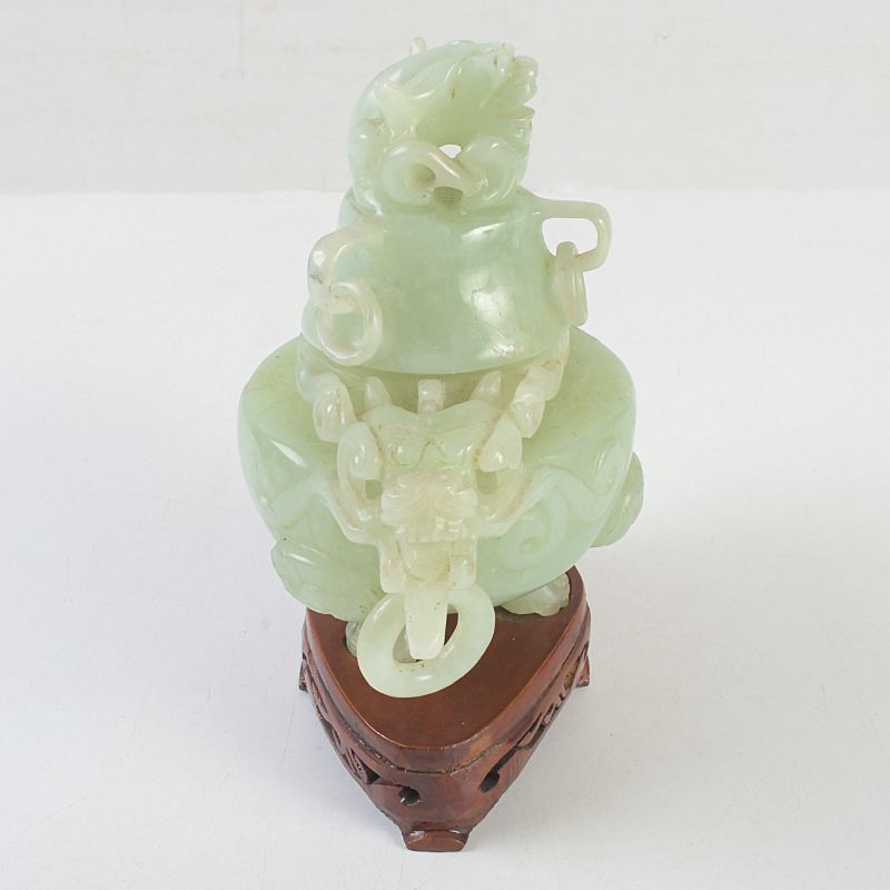 中国 玉石彫刻 雙耳活環 龍鈕蓋爐 香炉 唐木台付 C 9149 中国 玉石彫刻